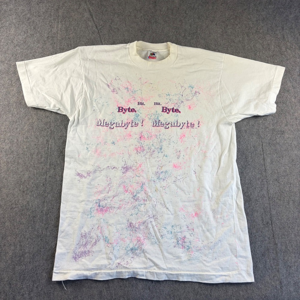 Vintage 1990 Fruit of the Loom Bit Byte Megabyte Computer T-Shirt White Large